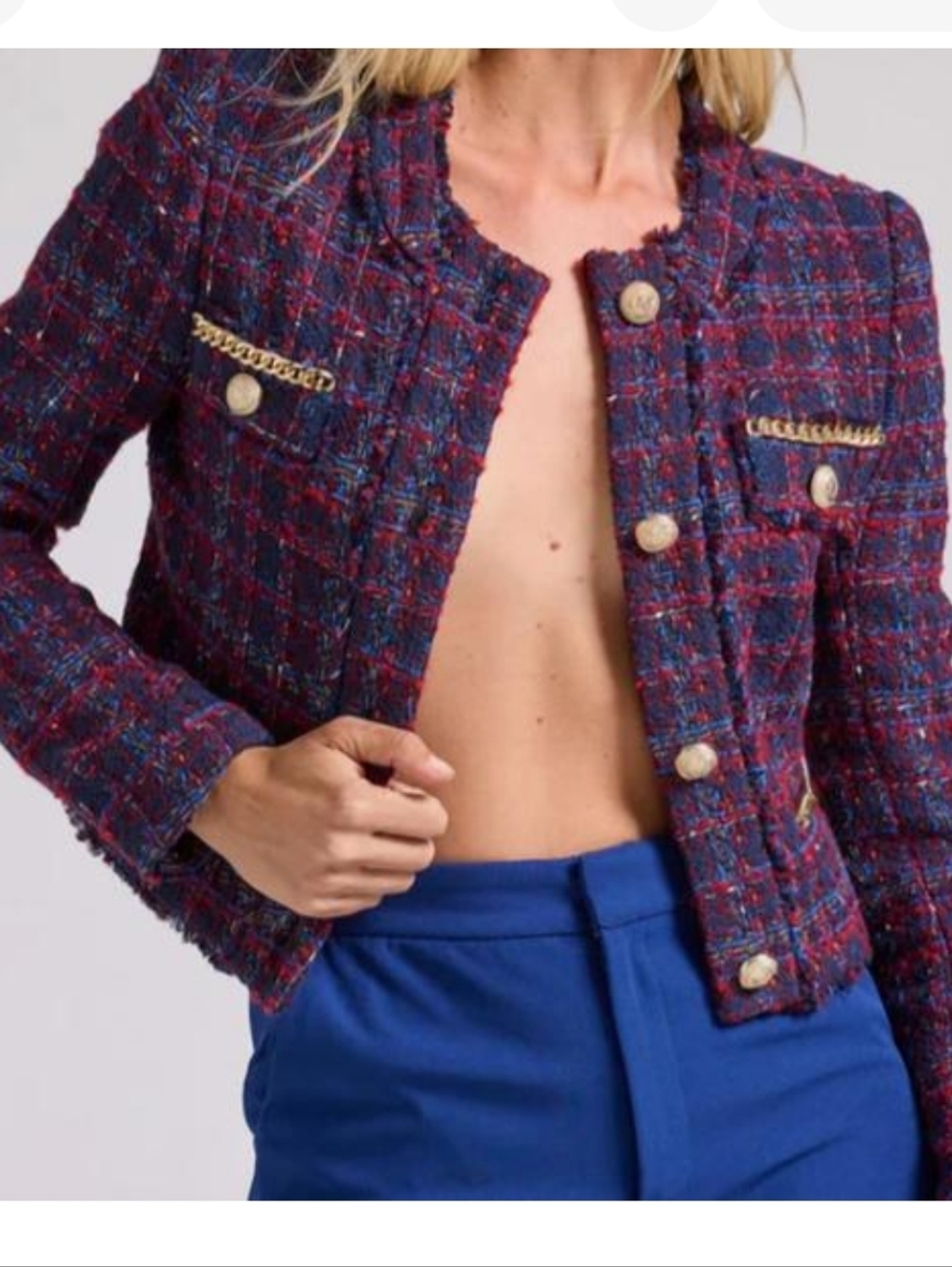 Generation Love Kristen Bouclé Tweed Cropped Jacket in Navy and Red